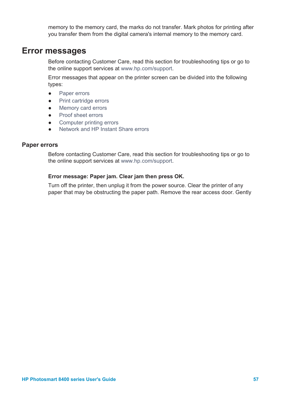 Error messages, Paper errors | HP Photosmart 8400 Series User Manual | Page 61 / 89