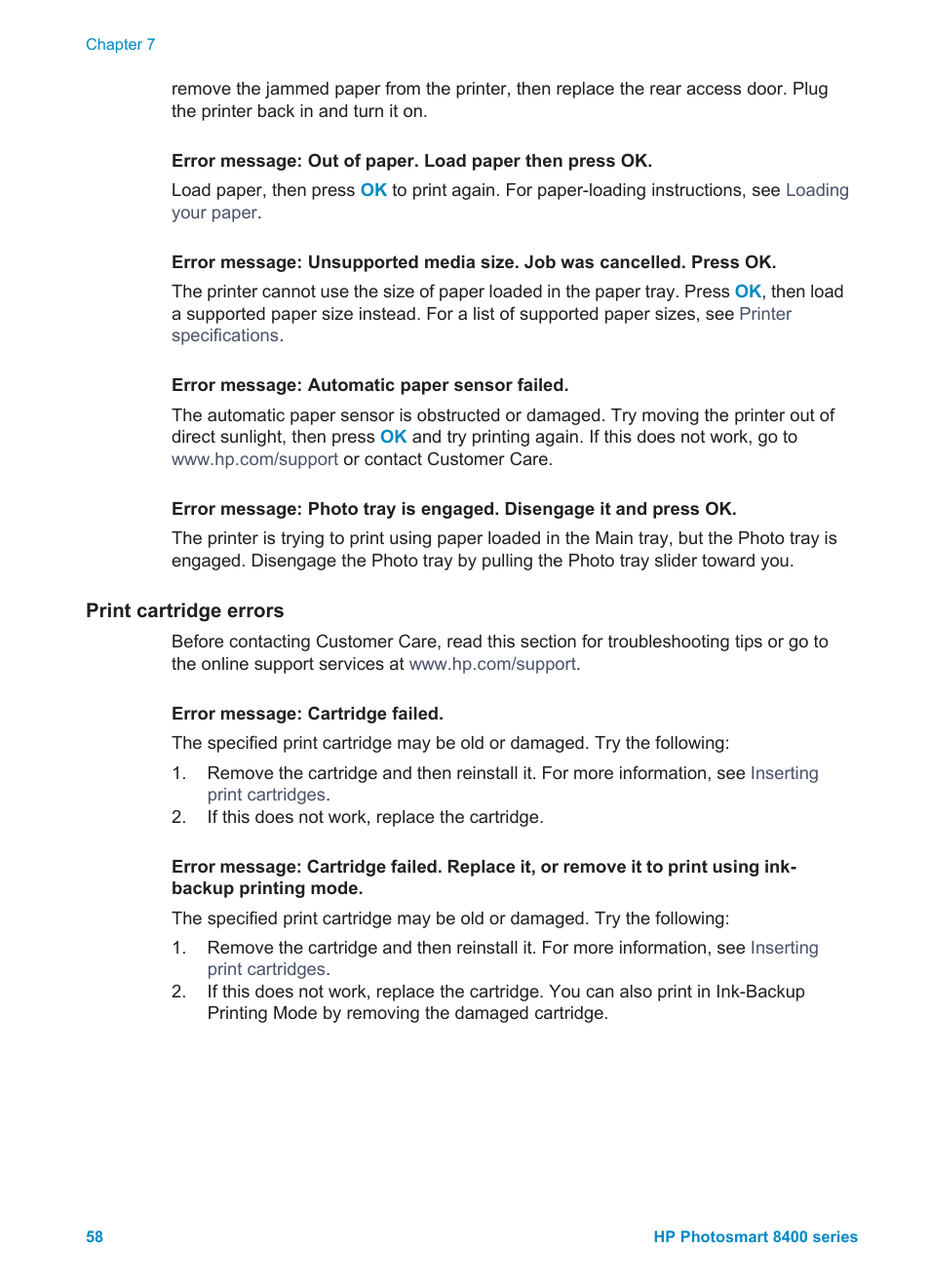 Print cartridge errors | HP Photosmart 8400 Series User Manual | Page 62 / 89