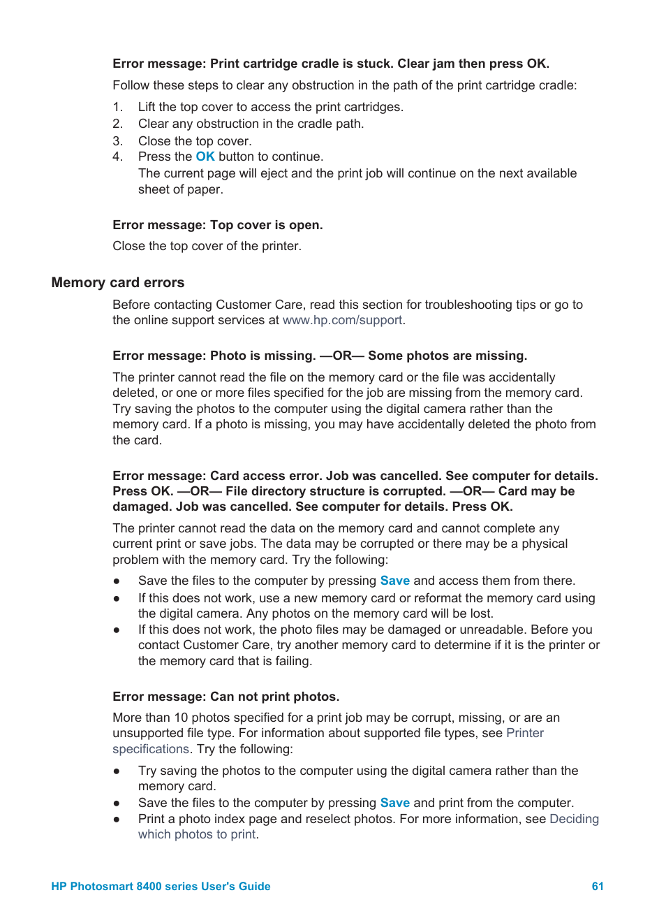 Memory card errors | HP Photosmart 8400 Series User Manual | Page 65 / 89