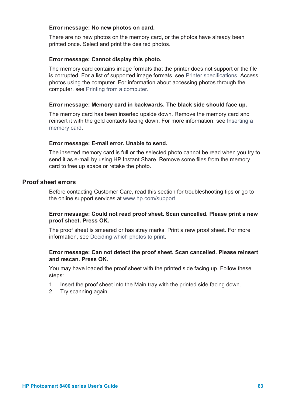 Proof sheet errors | HP Photosmart 8400 Series User Manual | Page 67 / 89