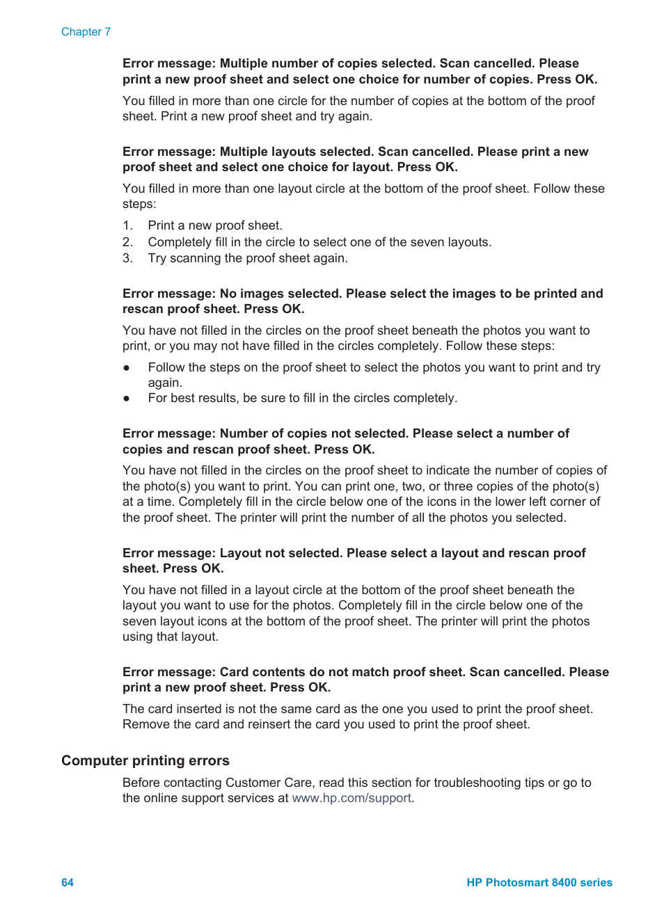 Computer printing errors | HP Photosmart 8400 Series User Manual | Page 68 / 89