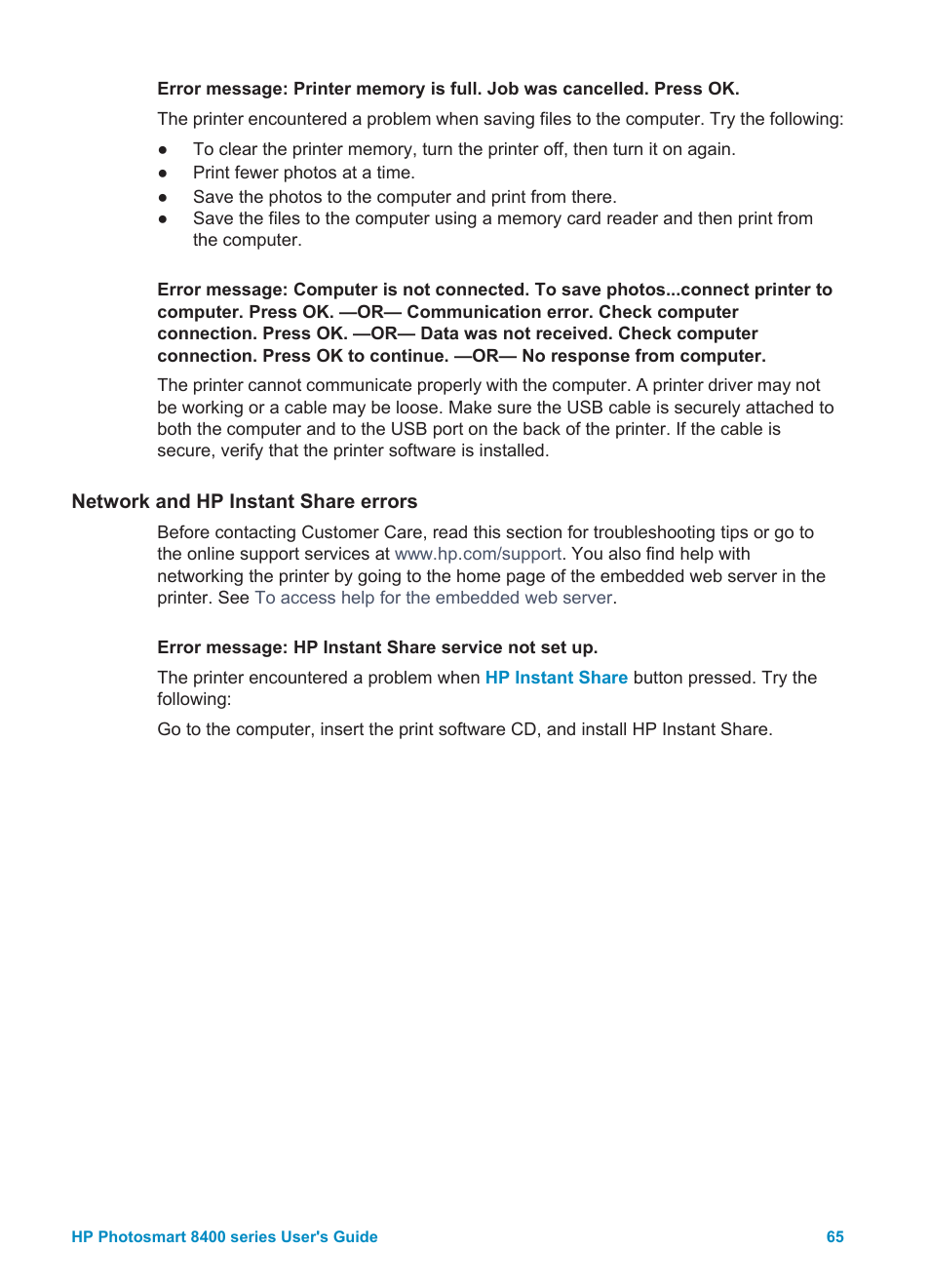 Network and hp instant share errors | HP Photosmart 8400 Series User Manual | Page 69 / 89