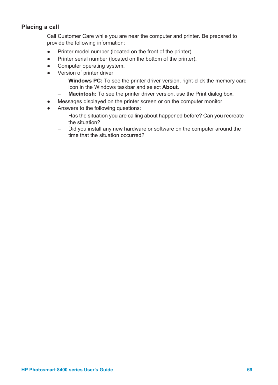 Placing a call, Return to hp repair service | HP Photosmart 8400 Series User Manual | Page 73 / 89