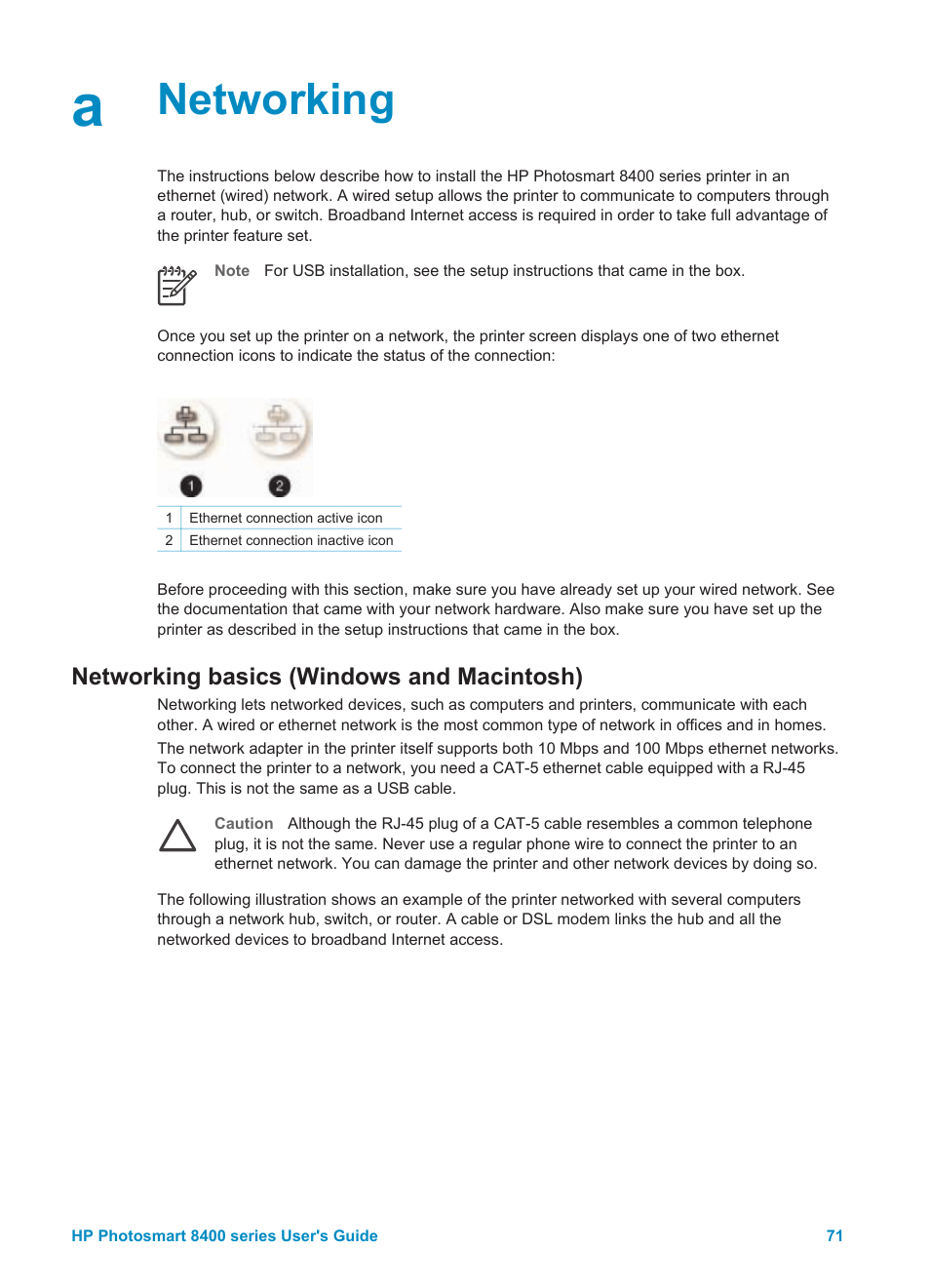 Networking, Networking basics (windows and macintosh) | HP Photosmart 8400 Series User Manual | Page 75 / 89