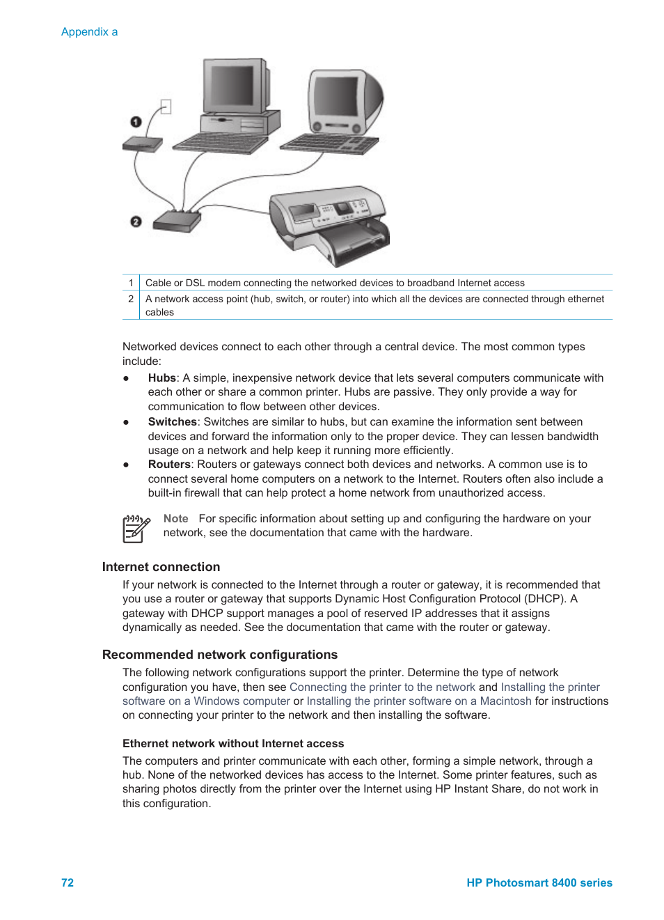 Internet connection, Recommended network configurations, Ethernet network without internet access | HP Photosmart 8400 Series User Manual | Page 76 / 89