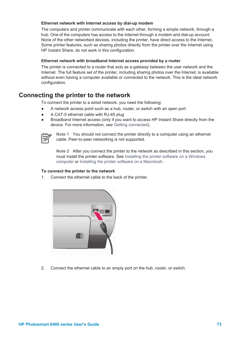 Connecting the printer to the network, Connecting the printer, To the network | Configuration you have, then see | HP Photosmart 8400 Series User Manual | Page 77 / 89