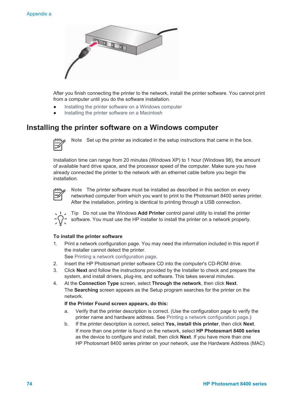 Installing the printer, Software on a windows computer, Installing the printer software on a windows | Computer | HP Photosmart 8400 Series User Manual | Page 78 / 89