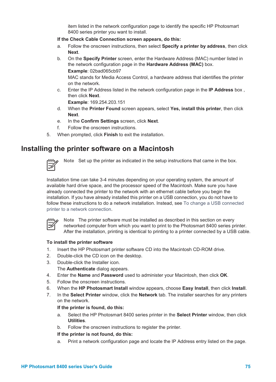 Installing the printer software on a macintosh | HP Photosmart 8400 Series User Manual | Page 79 / 89