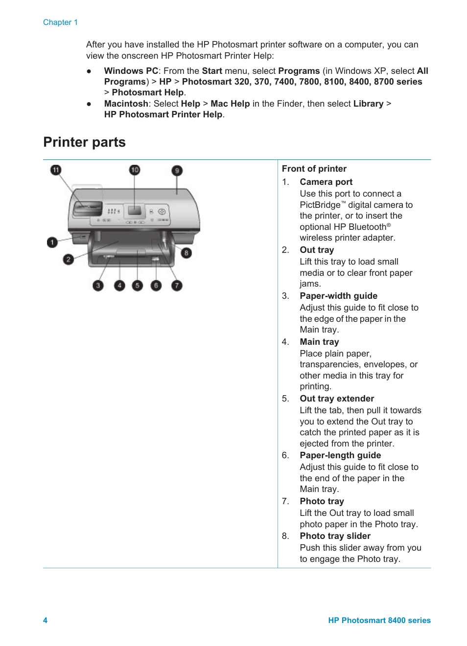 Printer parts | HP Photosmart 8400 Series User Manual | Page 8 / 89