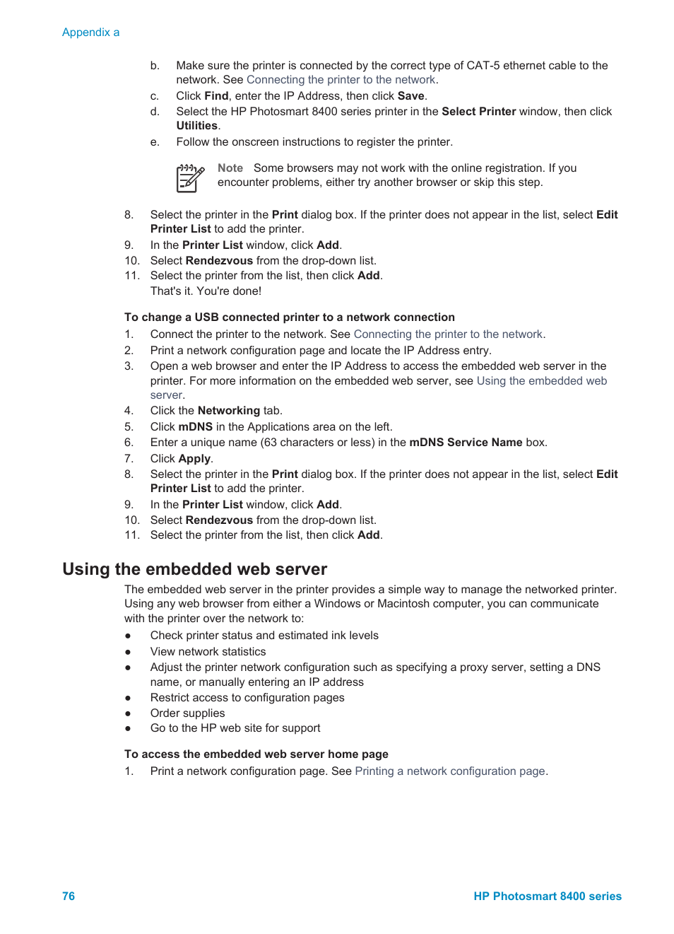 Using the embedded web server, To change a usb connected, Printer to a network connection | HP Photosmart 8400 Series User Manual | Page 80 / 89