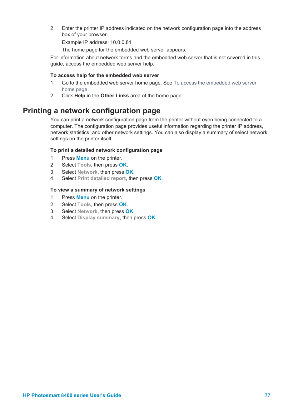 Hardware address. see, Printing a network configuration page | HP Photosmart 8400 Series User Manual | Page 81 / 89