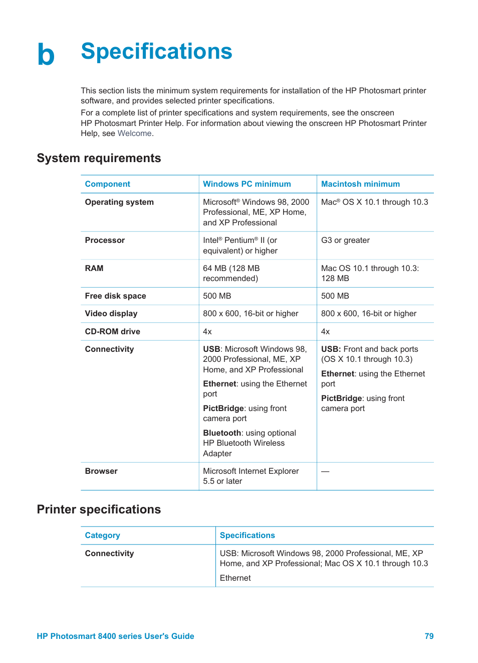 Specifications, System requirements, Printer specifications | System requirements printer specifications, Sizes, see, Printer, Access | HP Photosmart 8400 Series User Manual | Page 83 / 89