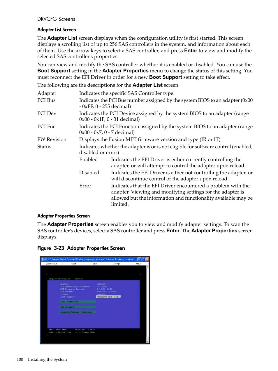 Drvcfg screens, Adapter list screen, Adapter properties screen | HP INTEGRITY RX3600 User Manual | Page 100 / 356