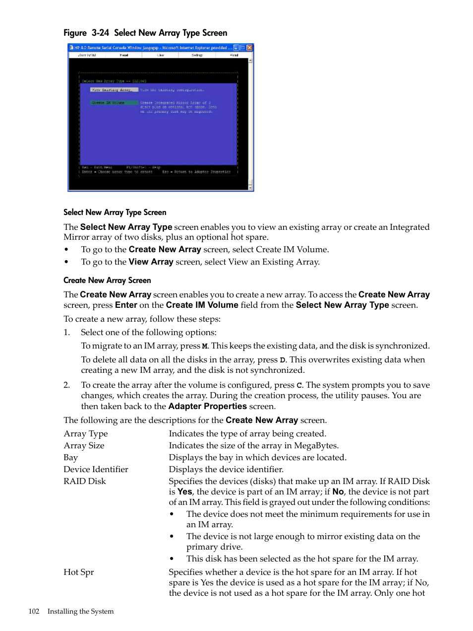 Select new array type screen, Create new array screen | HP INTEGRITY RX3600 User Manual | Page 102 / 356