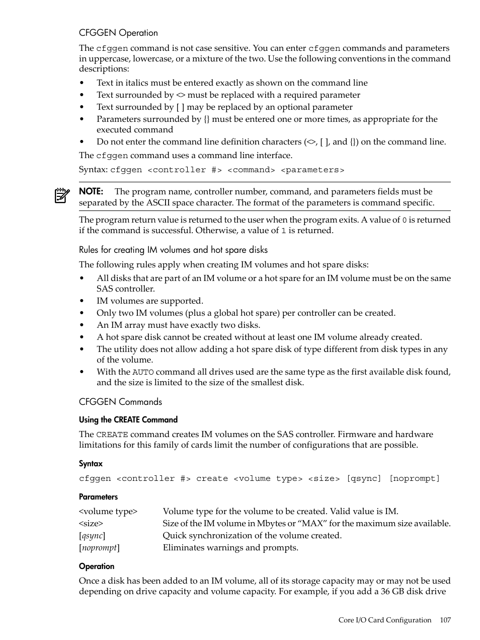 Cfggen operation, Rules for creating im volumes and hot spare disks, Cfggen commands | Using the create command, Syntax, Parameters, Operation | HP INTEGRITY RX3600 User Manual | Page 107 / 356