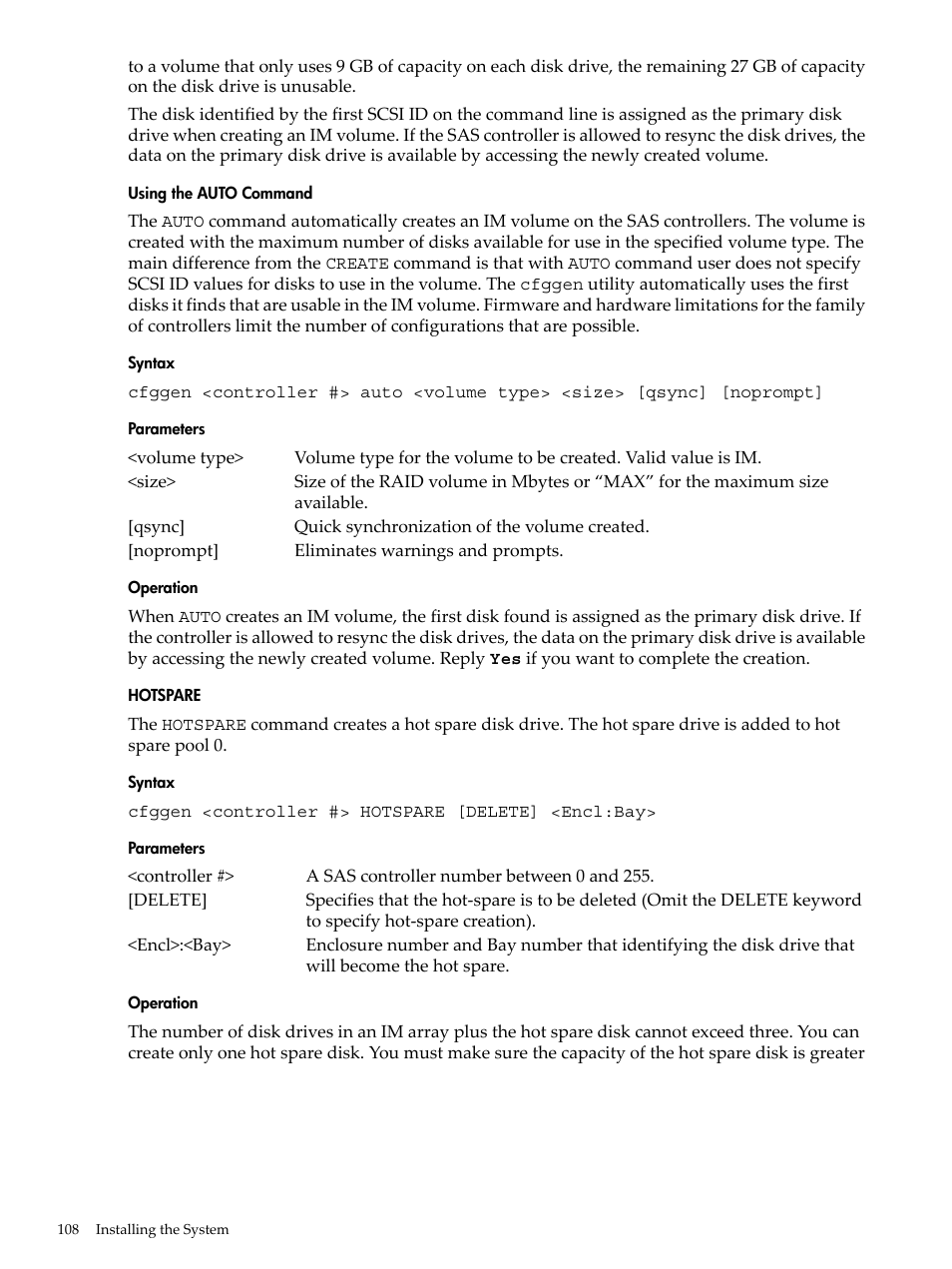 Using the auto command, Syntax, Parameters | Operation, Hotspare | HP INTEGRITY RX3600 User Manual | Page 108 / 356