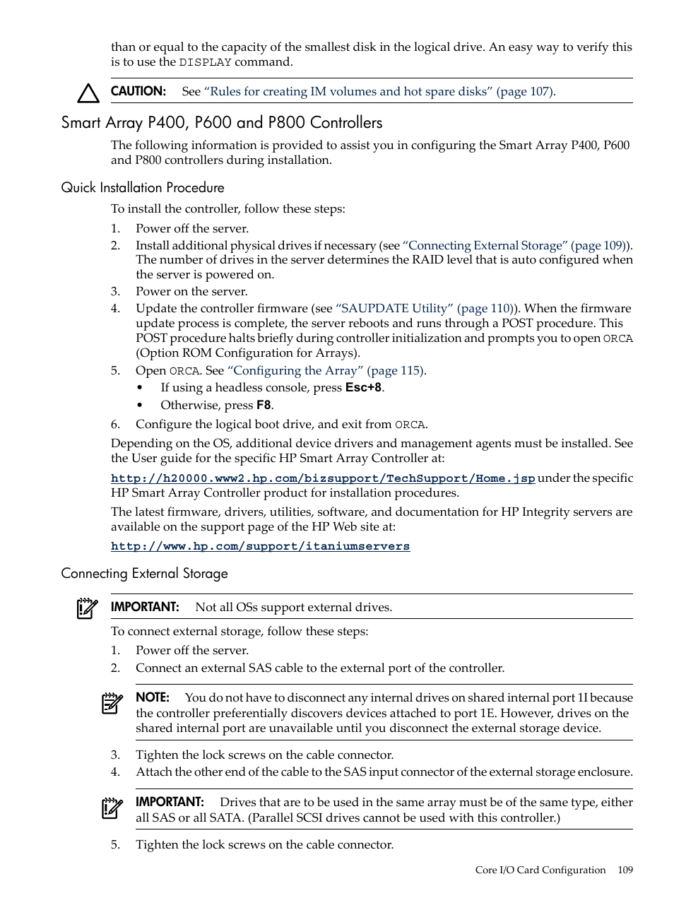 Smart array p400, p600 and p800 controllers, Quick installation procedure, Connecting external storage | HP INTEGRITY RX3600 User Manual | Page 109 / 356