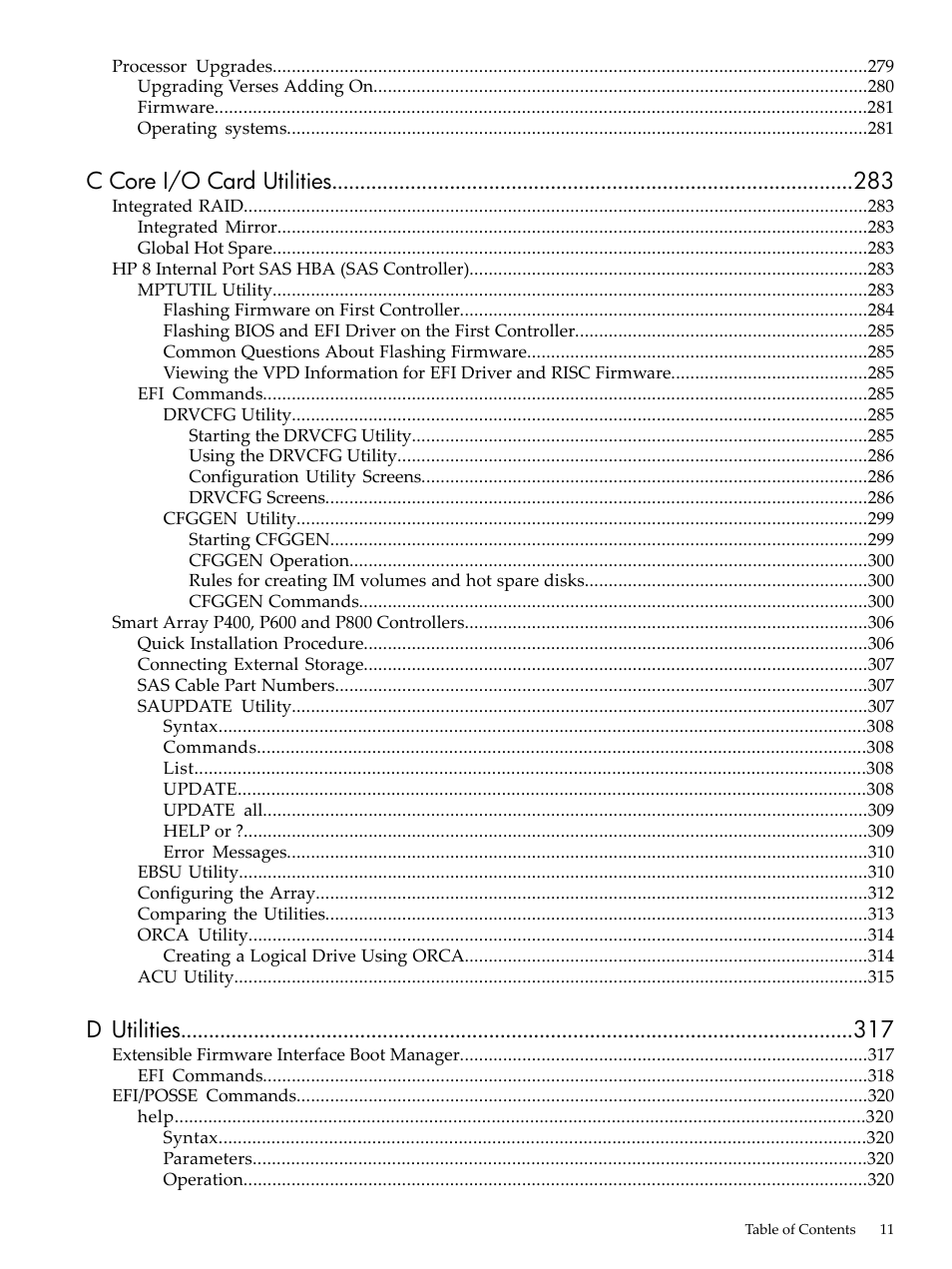 C core i/o card utilities, D utilities | HP INTEGRITY RX3600 User Manual | Page 11 / 356