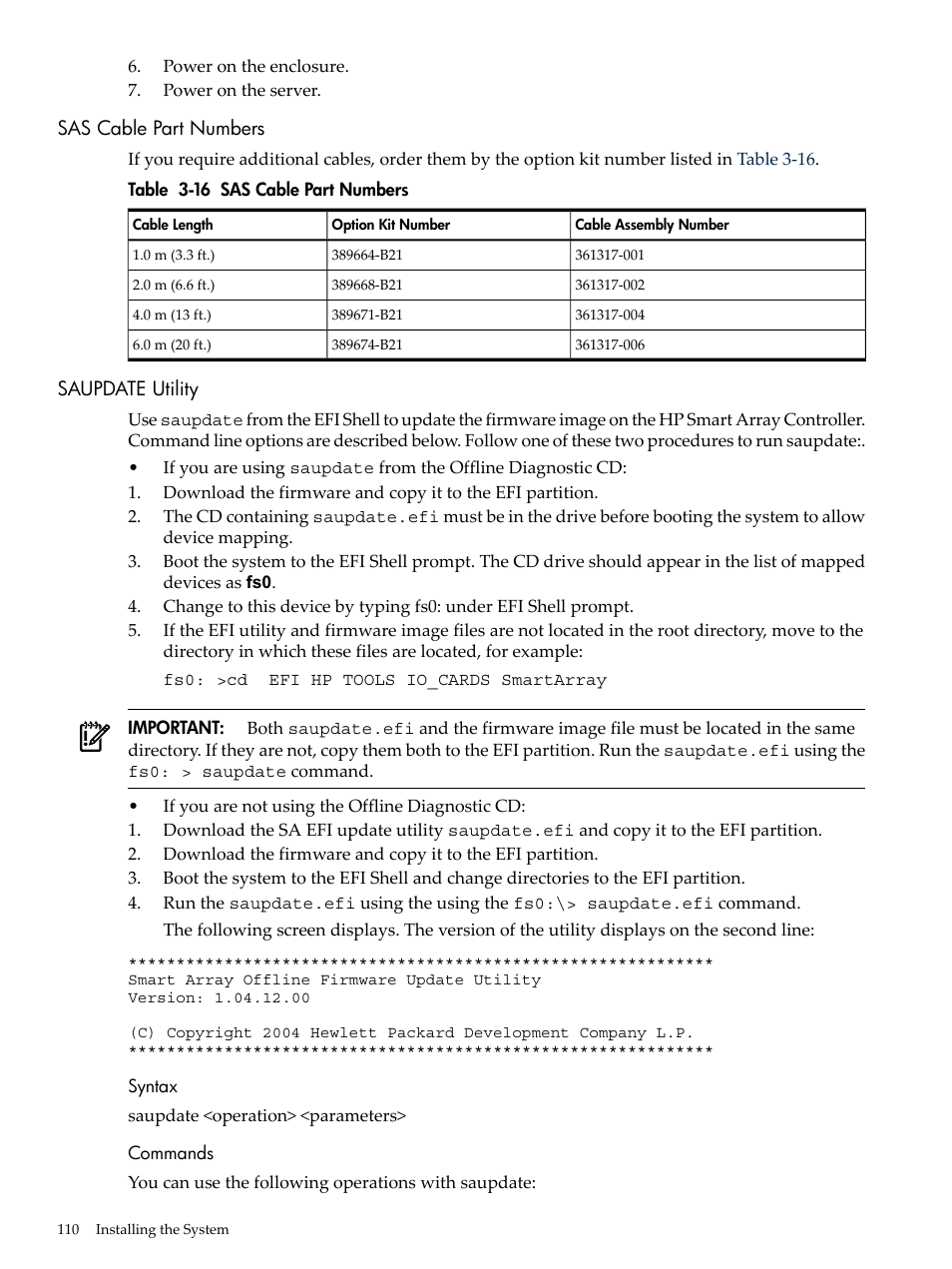Sas cable part numbers, Saupdate utility, Syntax | Commands, Sas cable part numbers saupdate utility, Syntax commands | HP INTEGRITY RX3600 User Manual | Page 110 / 356