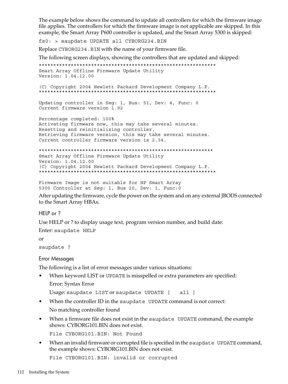 Help or, Error messages, Help or ? error messages | HP INTEGRITY RX3600 User Manual | Page 112 / 356