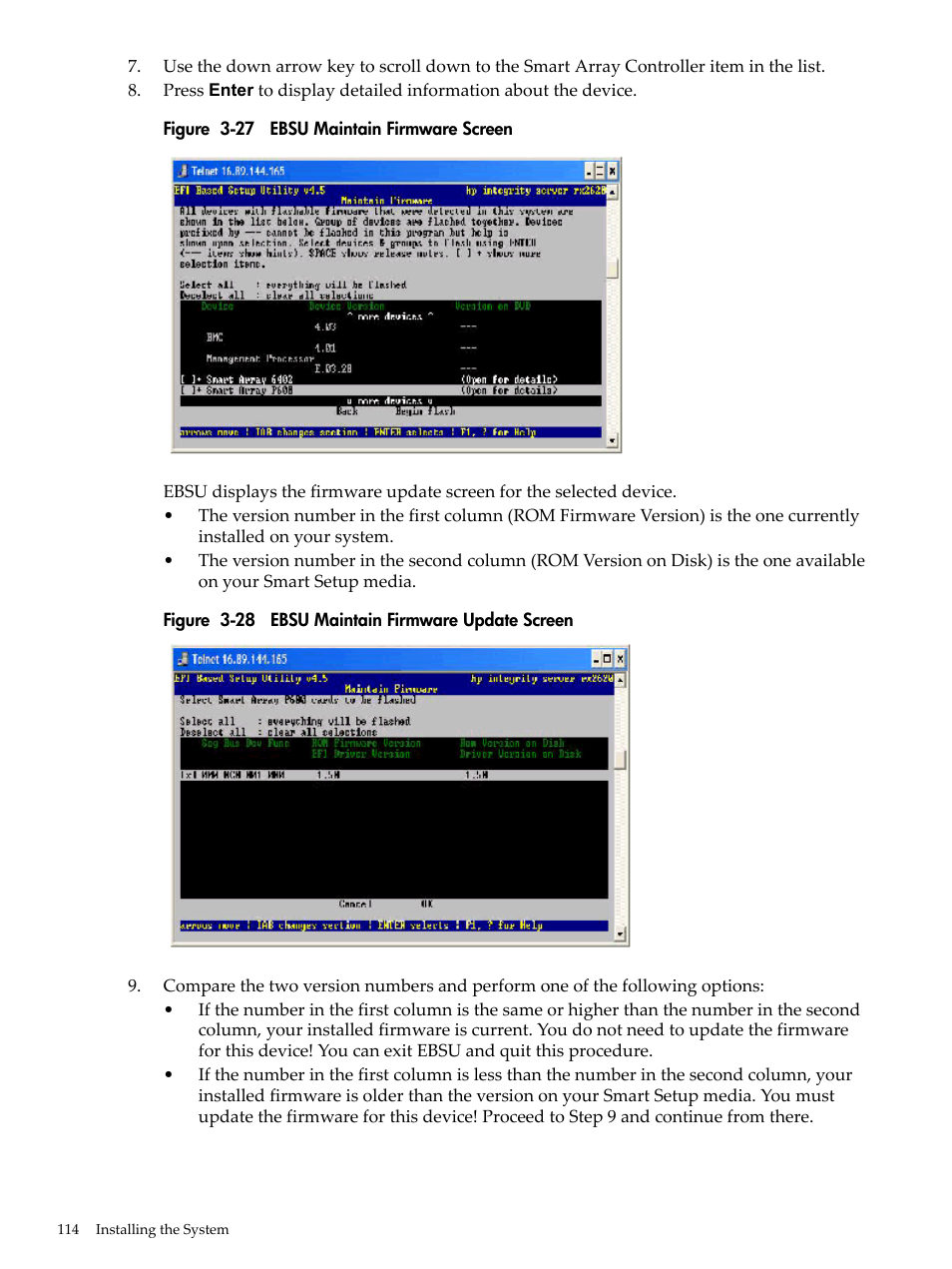 Ebsu maintain firmware screen, Ebsu maintain firmware update screen | HP INTEGRITY RX3600 User Manual | Page 114 / 356