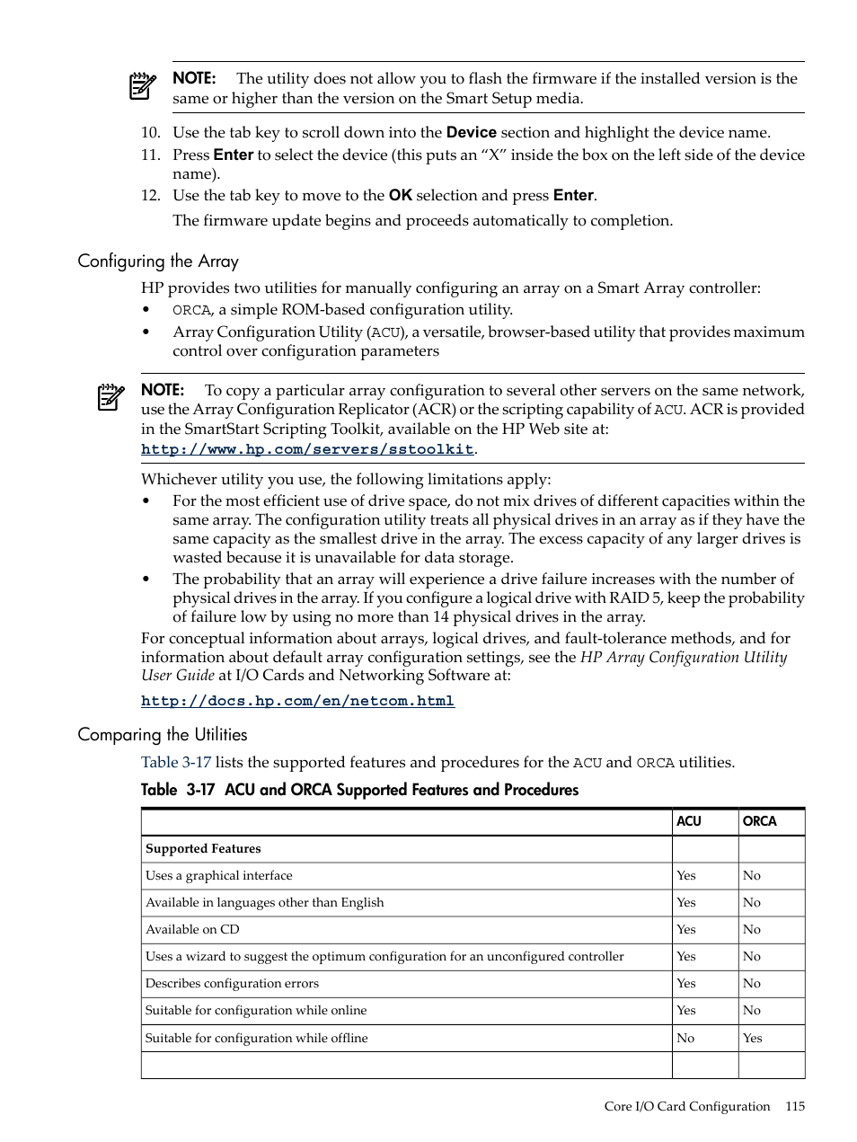 Configuring the array, Comparing the utilities, Configuring the array comparing the utilities | Acu and orca supported features and procedures | HP INTEGRITY RX3600 User Manual | Page 115 / 356