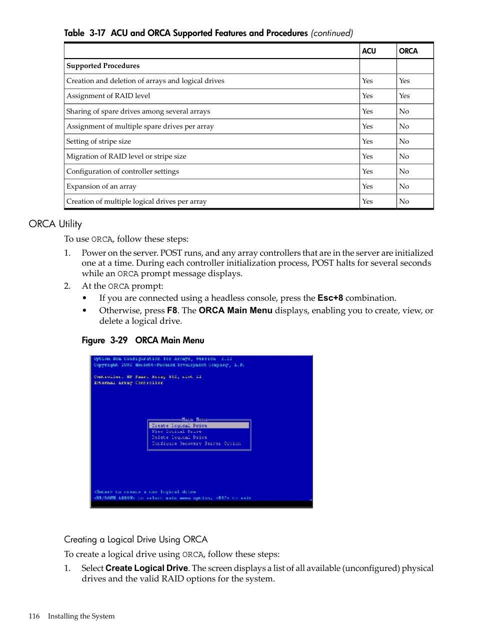Orca utility, Creating a logical drive using orca, Orca main menu | HP INTEGRITY RX3600 User Manual | Page 116 / 356