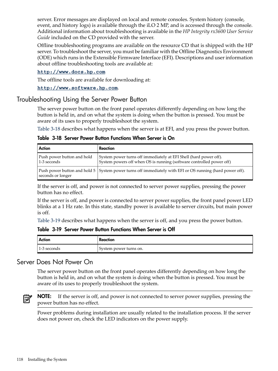 Troubleshooting using the server power button, Server does not power on, Server power button functions when server is on | Server power button functions when server is off | HP INTEGRITY RX3600 User Manual | Page 118 / 356