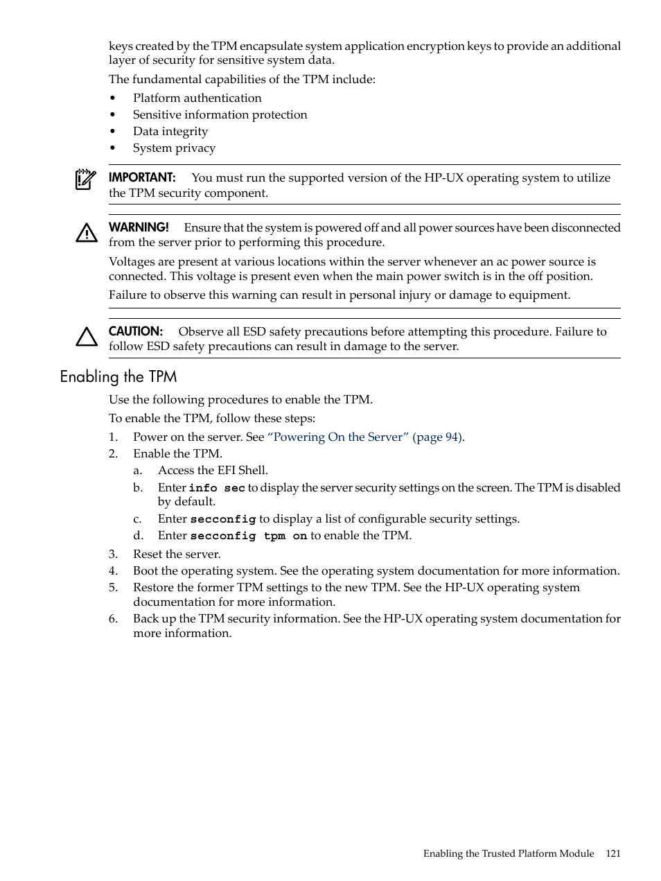 Enabling the tpm | HP INTEGRITY RX3600 User Manual | Page 121 / 356