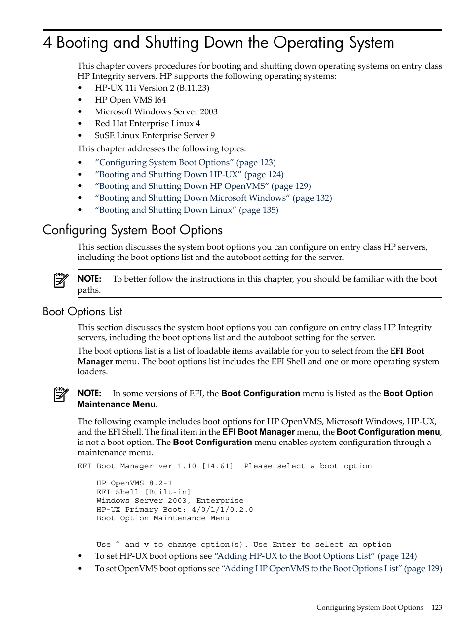 4 booting and shutting down the operating system, Configuring system boot options, Boot options list | HP INTEGRITY RX3600 User Manual | Page 123 / 356