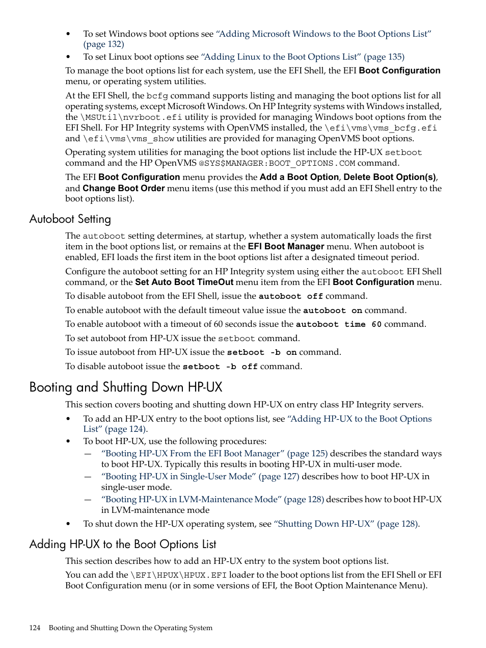 Autoboot setting, Booting and shutting down hp-ux, Adding hp-ux to the boot options list | HP INTEGRITY RX3600 User Manual | Page 124 / 356