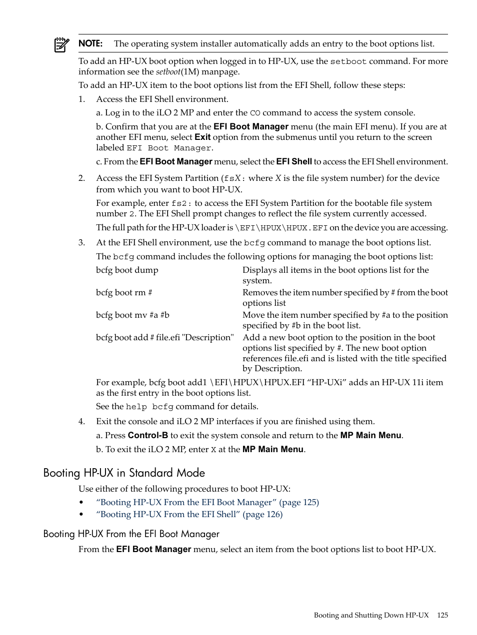 Booting hp-ux in standard mode, Booting hp-ux from the efi boot manager | HP INTEGRITY RX3600 User Manual | Page 125 / 356
