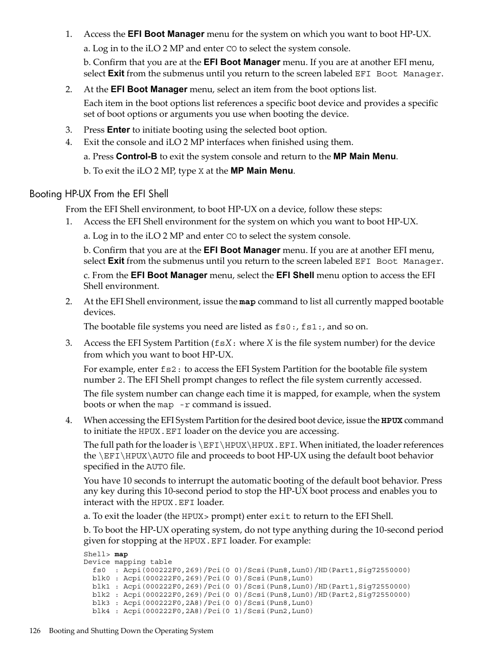 Booting hp-ux from the efi shell | HP INTEGRITY RX3600 User Manual | Page 126 / 356