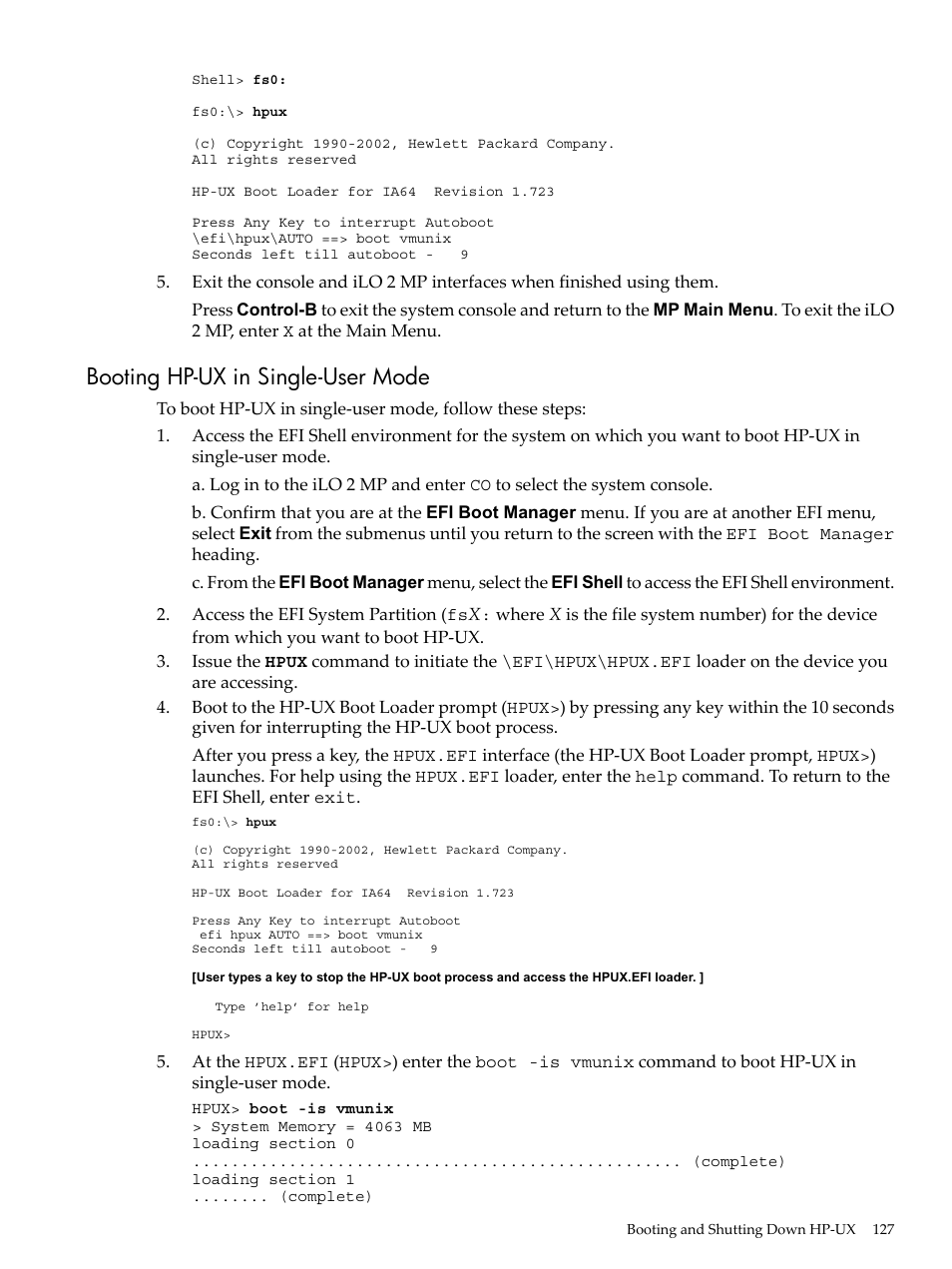 Booting hp-ux in single-user mode | HP INTEGRITY RX3600 User Manual | Page 127 / 356