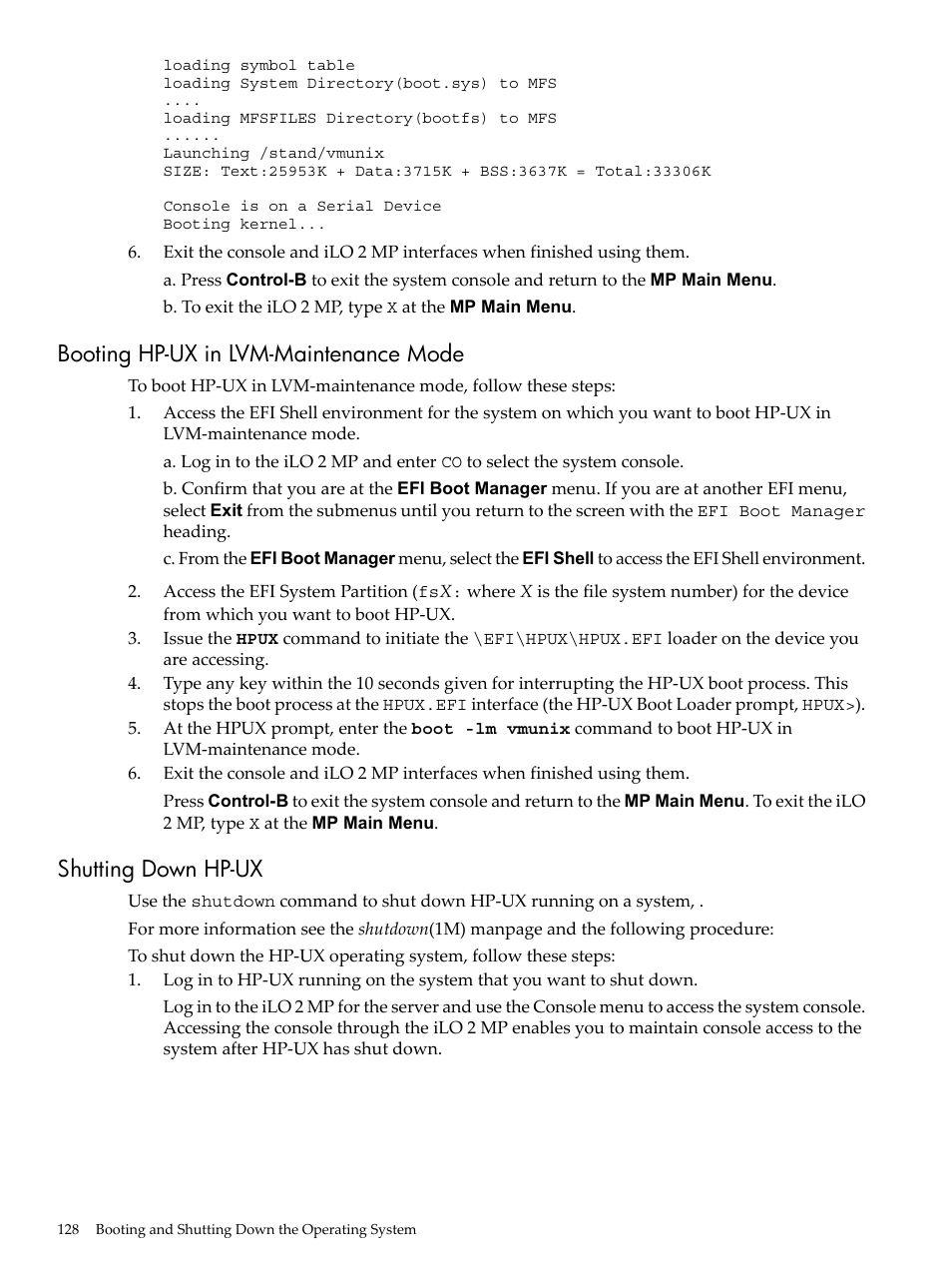 Booting hp-ux in lvm-maintenance mode, Shutting down hp-ux | HP INTEGRITY RX3600 User Manual | Page 128 / 356