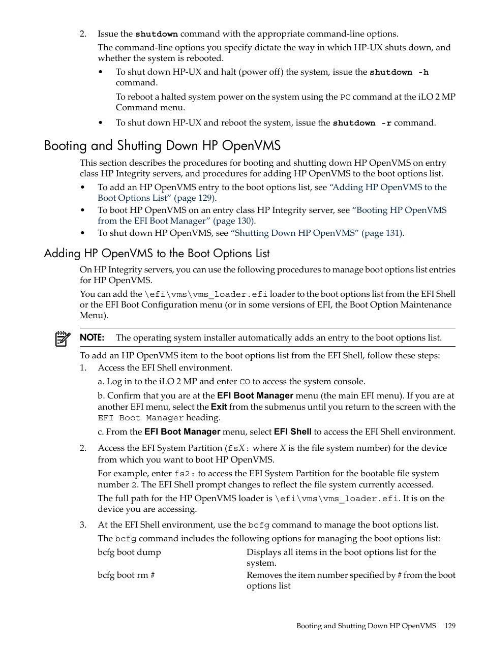 Booting and shutting down hp openvms, Adding hp openvms to the boot options list | HP INTEGRITY RX3600 User Manual | Page 129 / 356