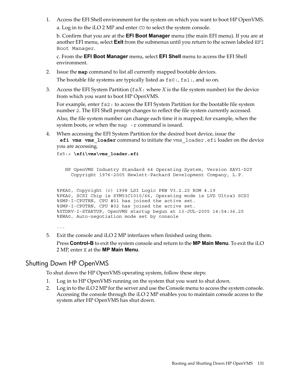 Shutting down hp openvms | HP INTEGRITY RX3600 User Manual | Page 131 / 356