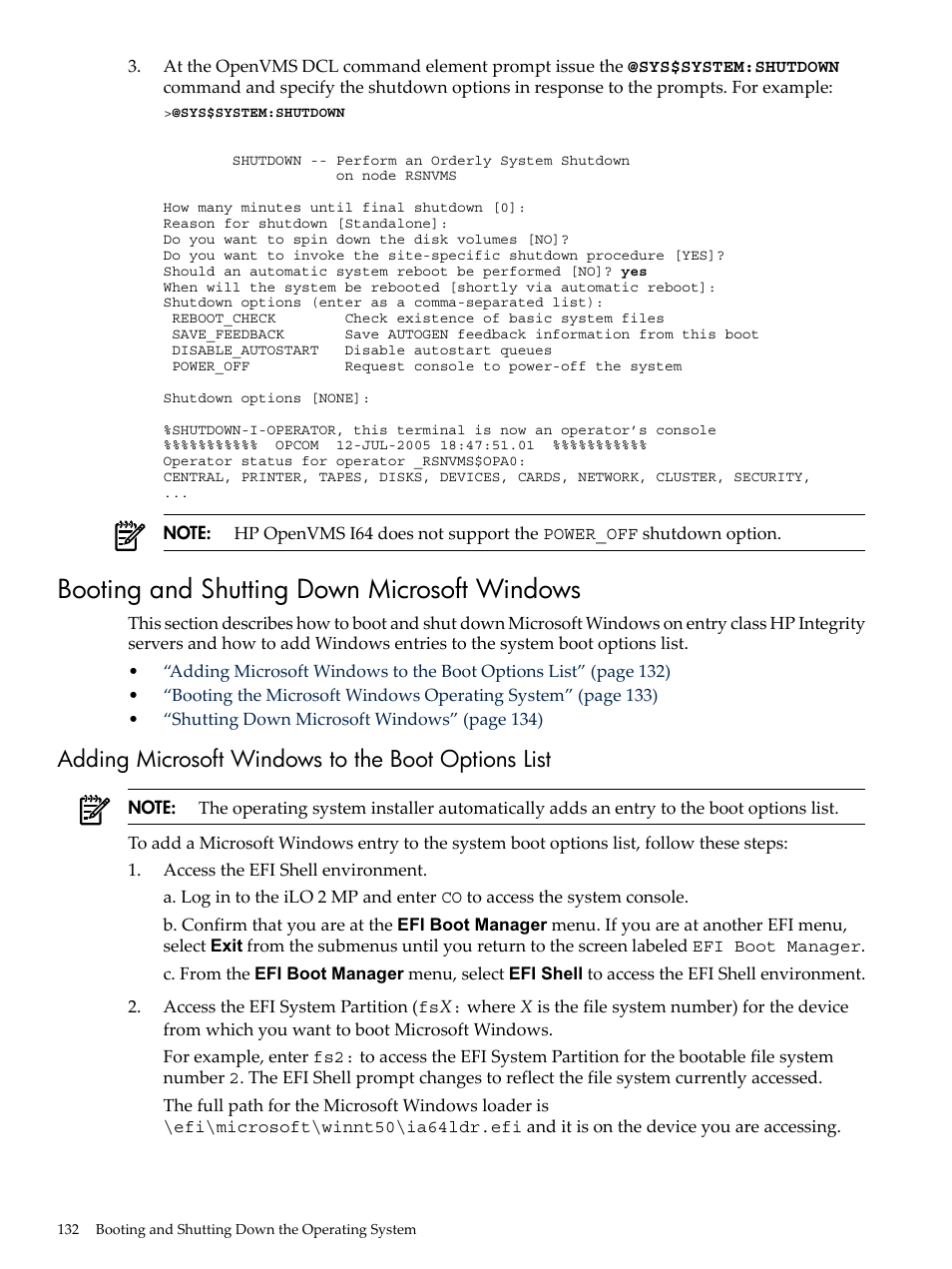 Booting and shutting down microsoft windows, Adding microsoft windows to the boot options list | HP INTEGRITY RX3600 User Manual | Page 132 / 356