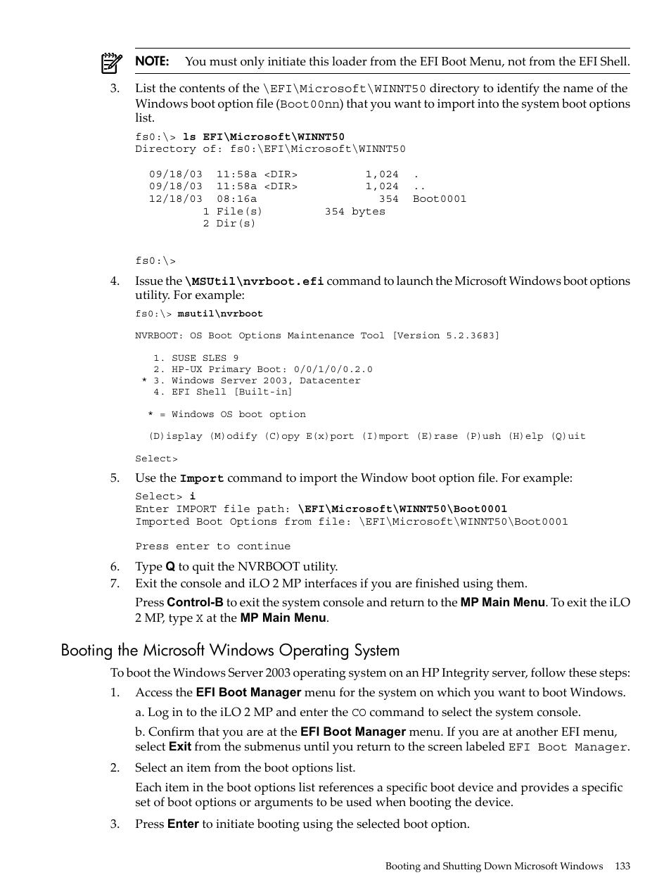 Booting the microsoft windows operating system | HP INTEGRITY RX3600 User Manual | Page 133 / 356
