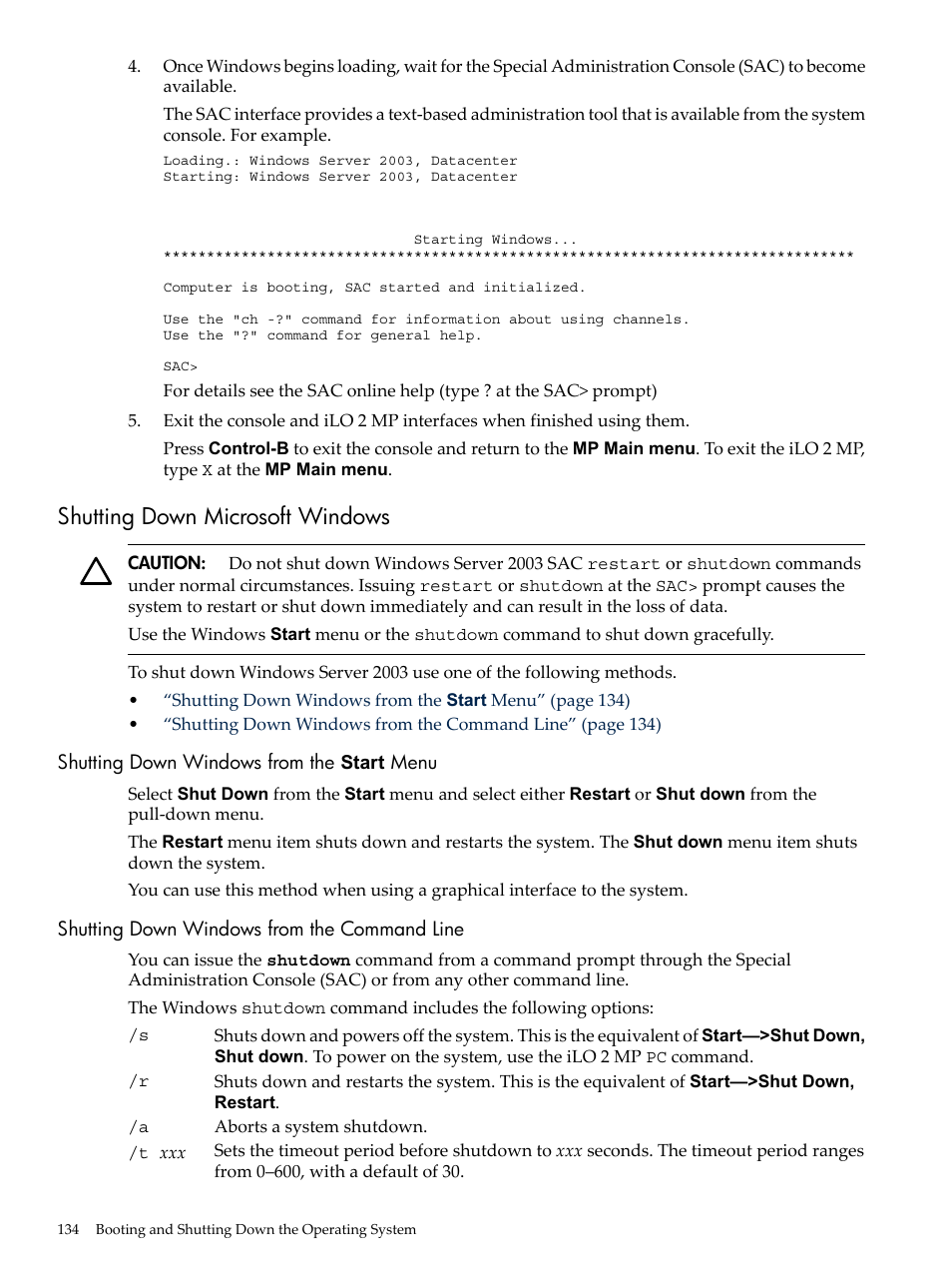 Shutting down microsoft windows, Shutting down windows from the start menu, Shutting down windows from the command line | HP INTEGRITY RX3600 User Manual | Page 134 / 356