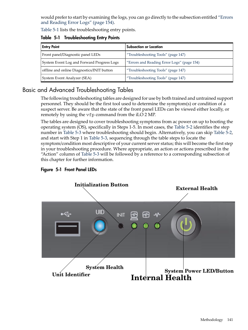 Basic and advanced troubleshooting tables, Front panel leds, Troubleshooting entry points | Table 5-1, Internal health | HP INTEGRITY RX3600 User Manual | Page 141 / 356