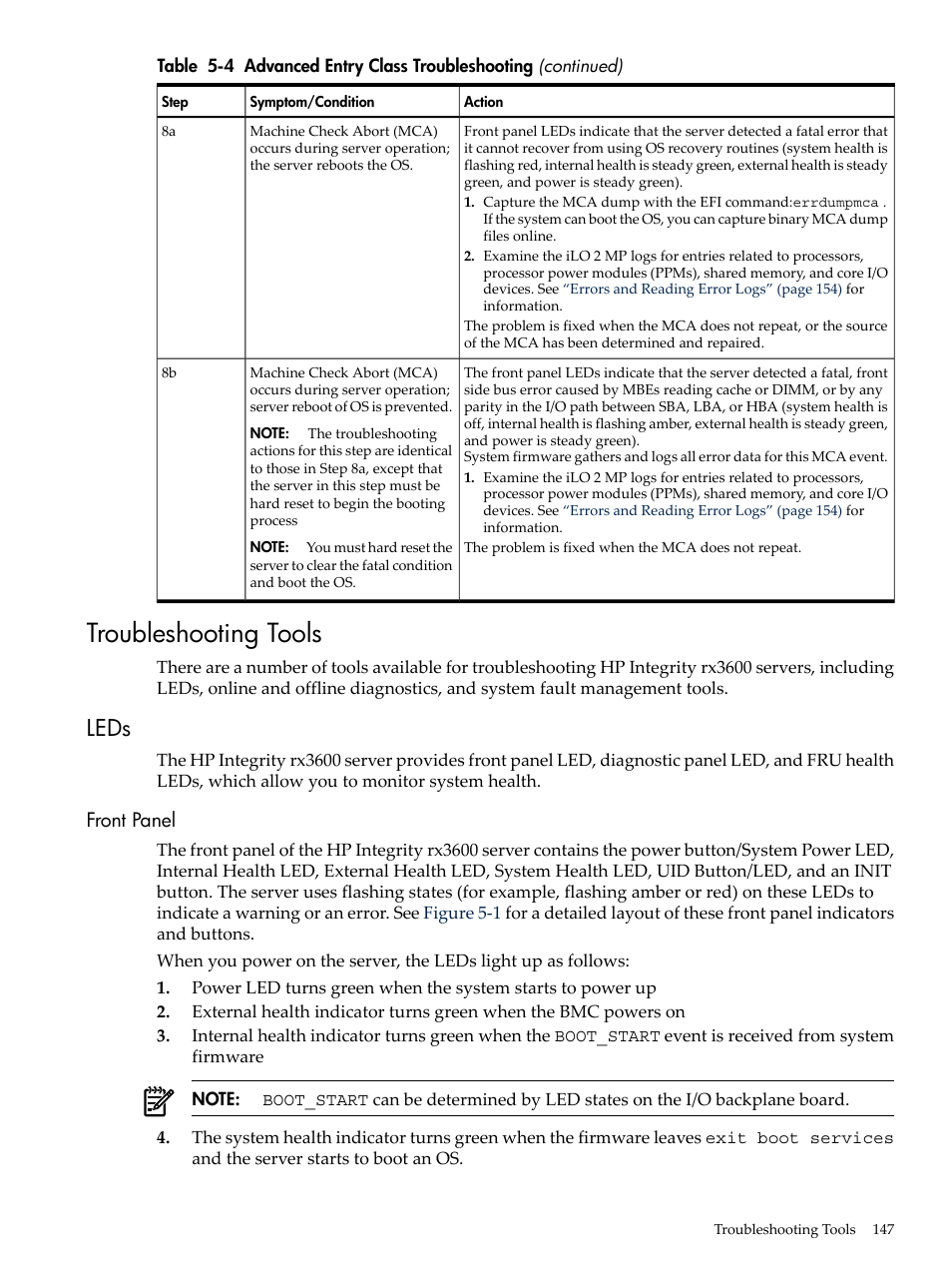 Troubleshooting tools, Leds, Front panel | HP INTEGRITY RX3600 User Manual | Page 147 / 356