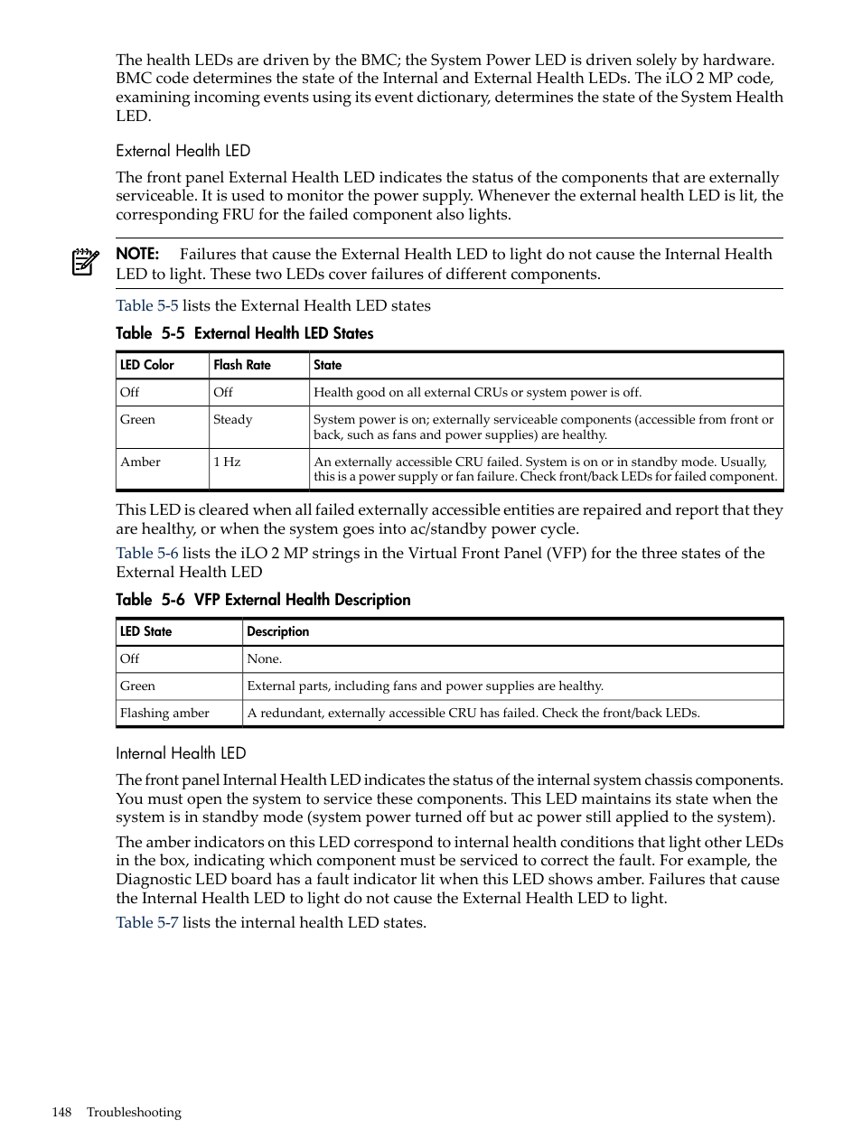 External health led, Internal health led, External health led internal health led | External health led states, Vfp external health description | HP INTEGRITY RX3600 User Manual | Page 148 / 356