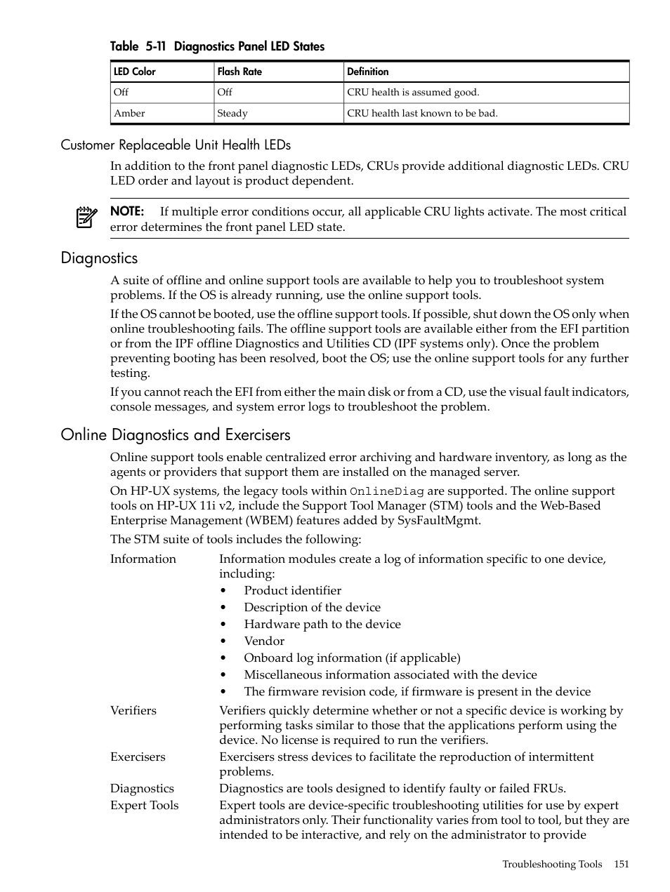 Customer replaceable unit health leds, Diagnostics, Online diagnostics and exercisers | Diagnostics online diagnostics and exercisers, Diagnostics panel led states | HP INTEGRITY RX3600 User Manual | Page 151 / 356