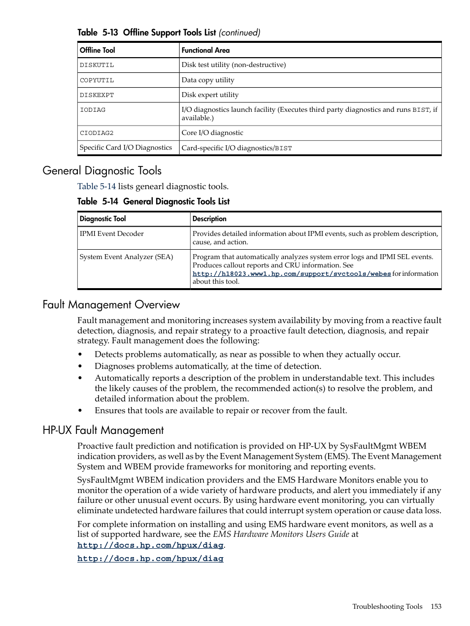 General diagnostic tools, Fault management overview, Hp-ux fault management | General diagnostic tools list | HP INTEGRITY RX3600 User Manual | Page 153 / 356