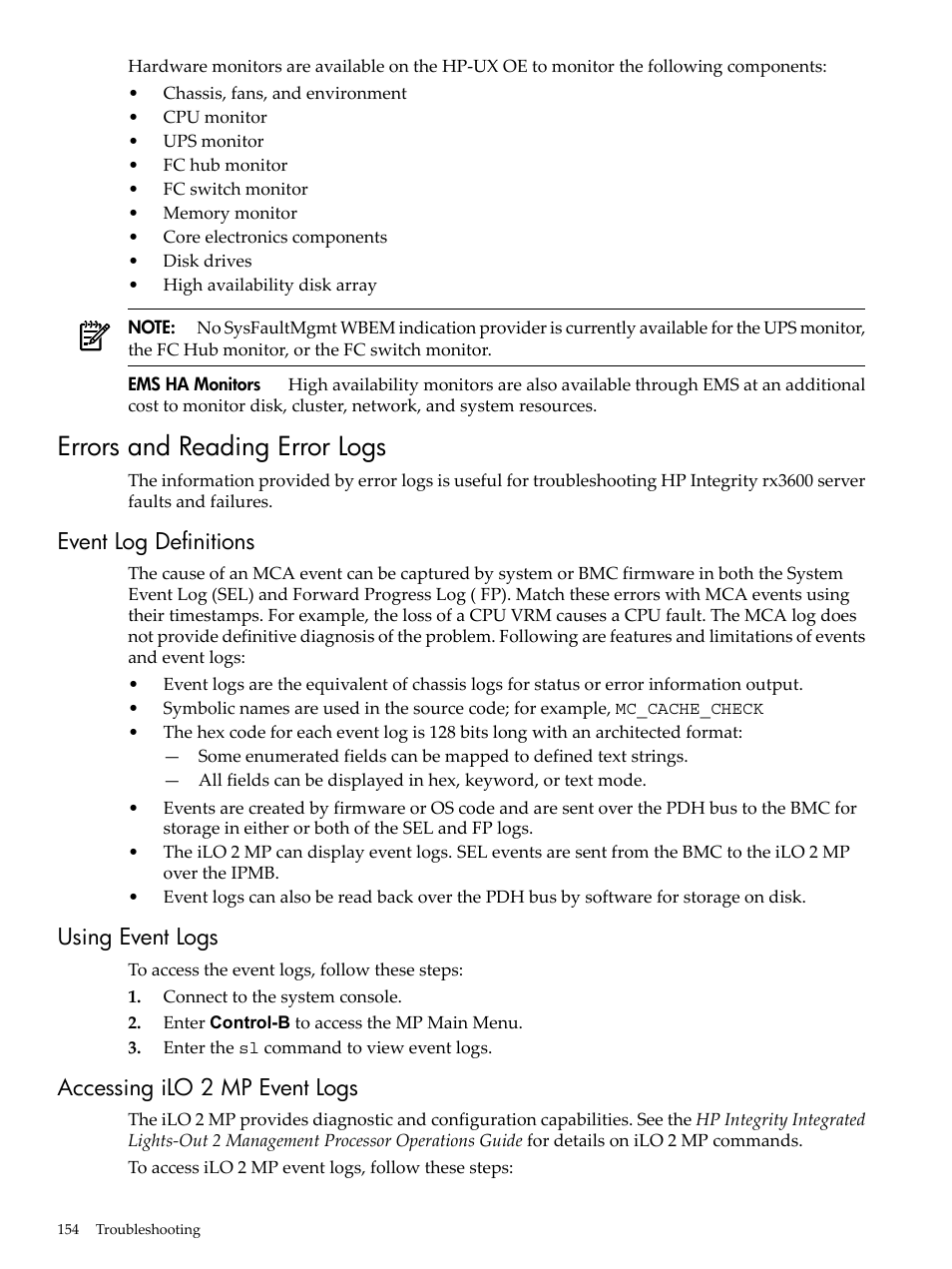 Errors and reading error logs, Event log definitions, Using event logs | Accessing ilo 2 mp event logs, Errors | HP INTEGRITY RX3600 User Manual | Page 154 / 356