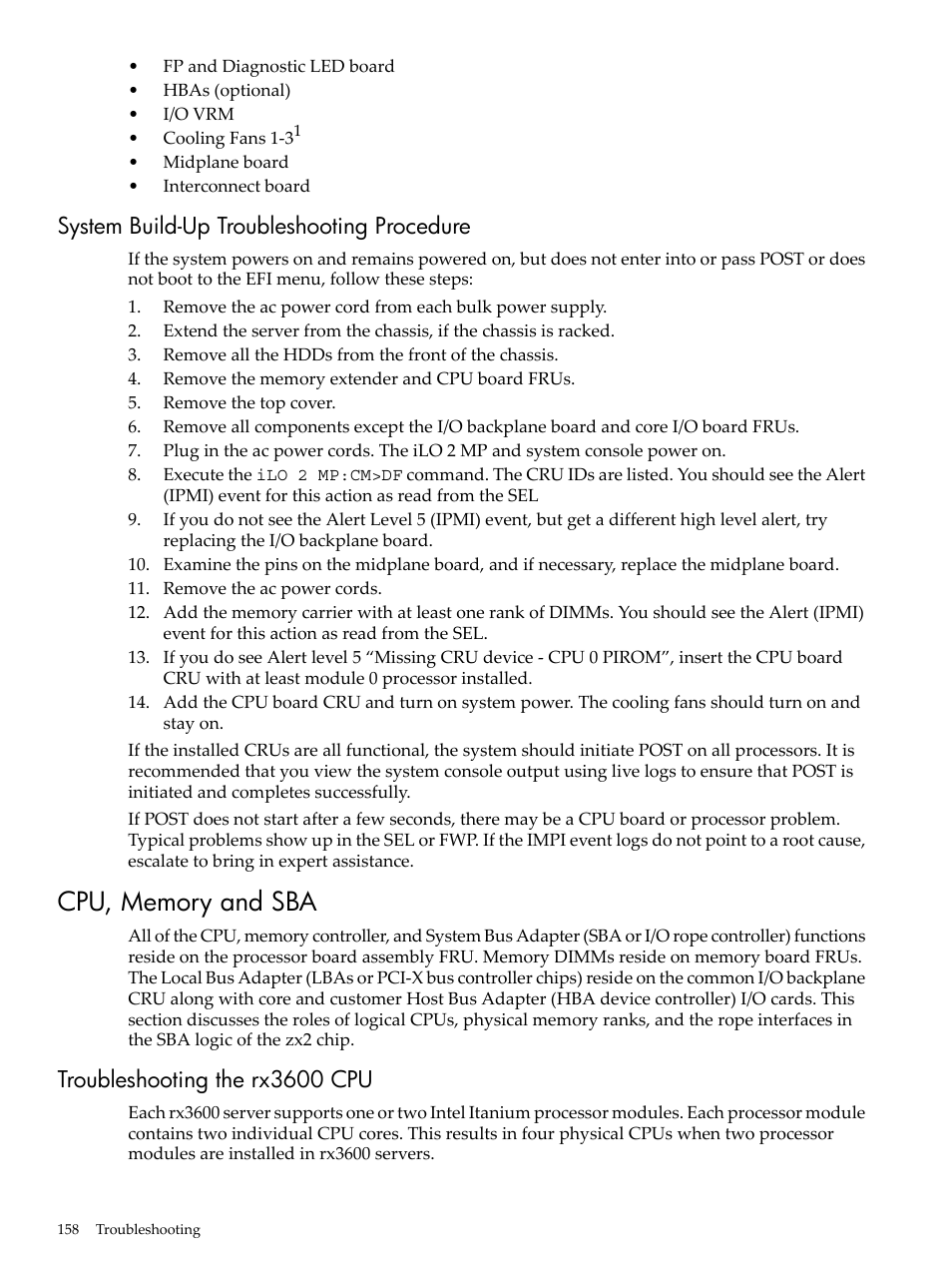 System build-up troubleshooting procedure, Cpu, memory and sba, Troubleshooting the rx3600 cpu | HP INTEGRITY RX3600 User Manual | Page 158 / 356