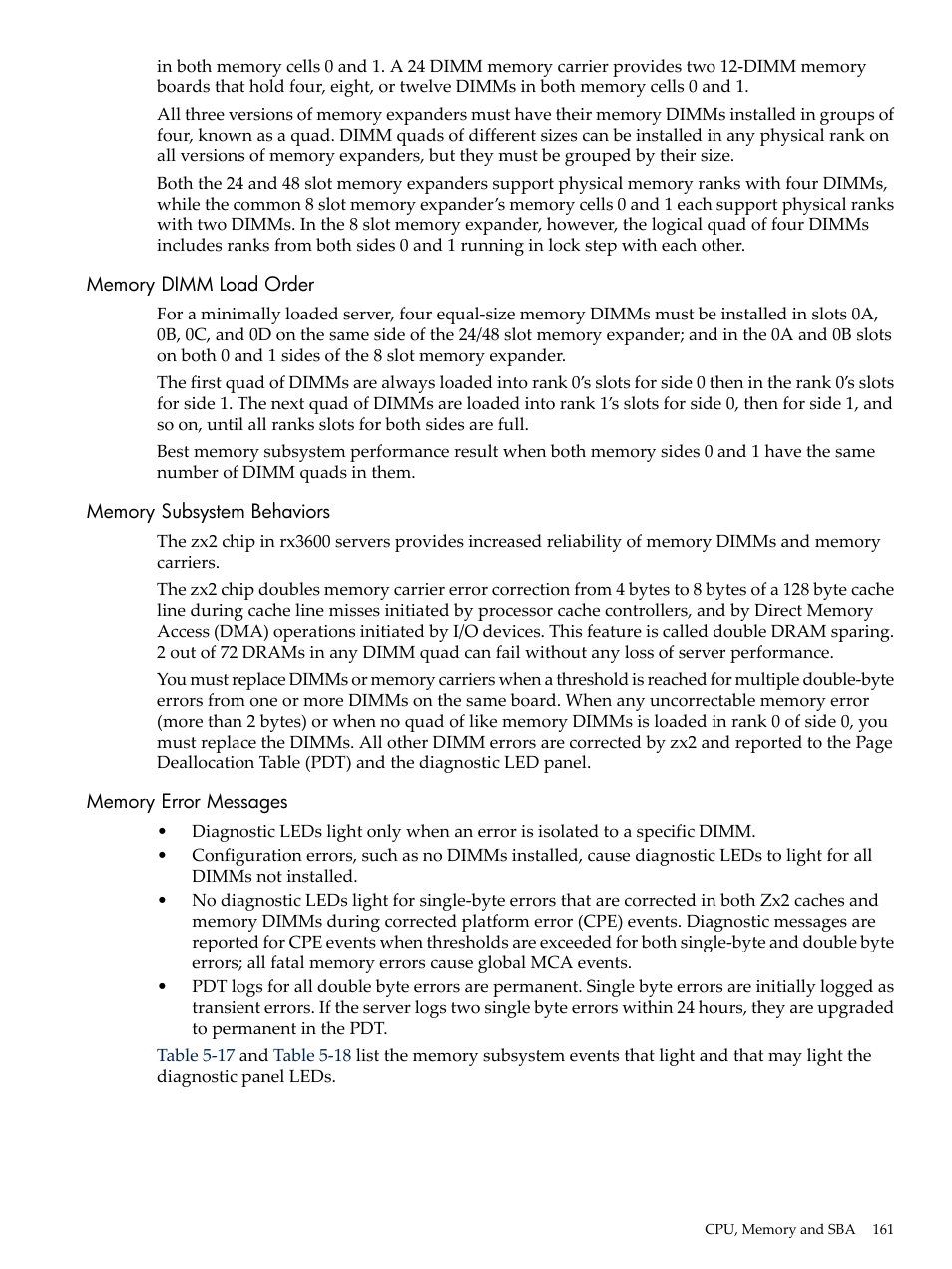 Memory dimm load order, Memory subsystem behaviors, Memory error messages | HP INTEGRITY RX3600 User Manual | Page 161 / 356