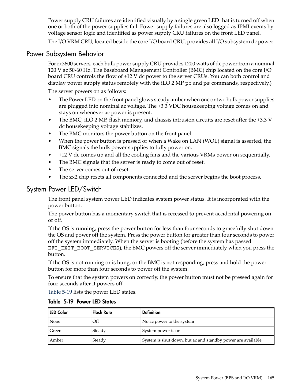 Power subsystem behavior, System power led/switch, Power subsystem behavior system power led/switch | Power led states | HP INTEGRITY RX3600 User Manual | Page 165 / 356