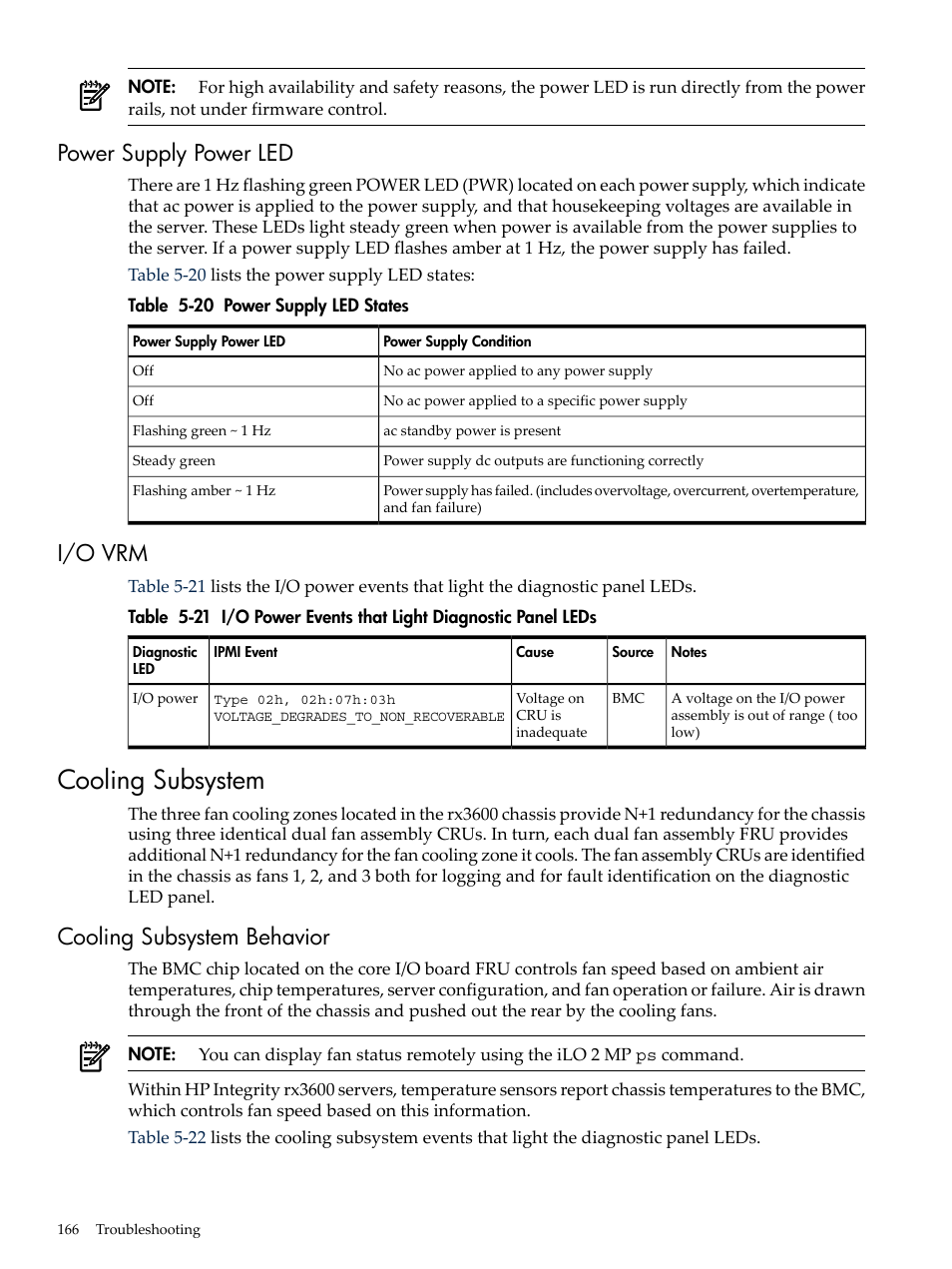 Power supply power led, I/o vrm, Cooling subsystem | Cooling subsystem behavior, Power supply power led i/o vrm, Power supply led states, I/o power events that light diagnostic panel leds | HP INTEGRITY RX3600 User Manual | Page 166 / 356